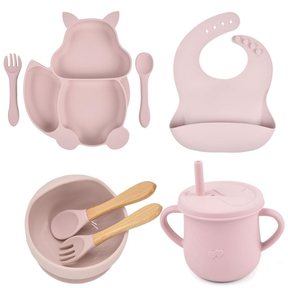 8PCS/Set Baby Silicone Sucker Bowl Plate Cup Bibs Spoon Fork Sets Children Non-slip Tableware Baby Feeding Dishes BPA Free