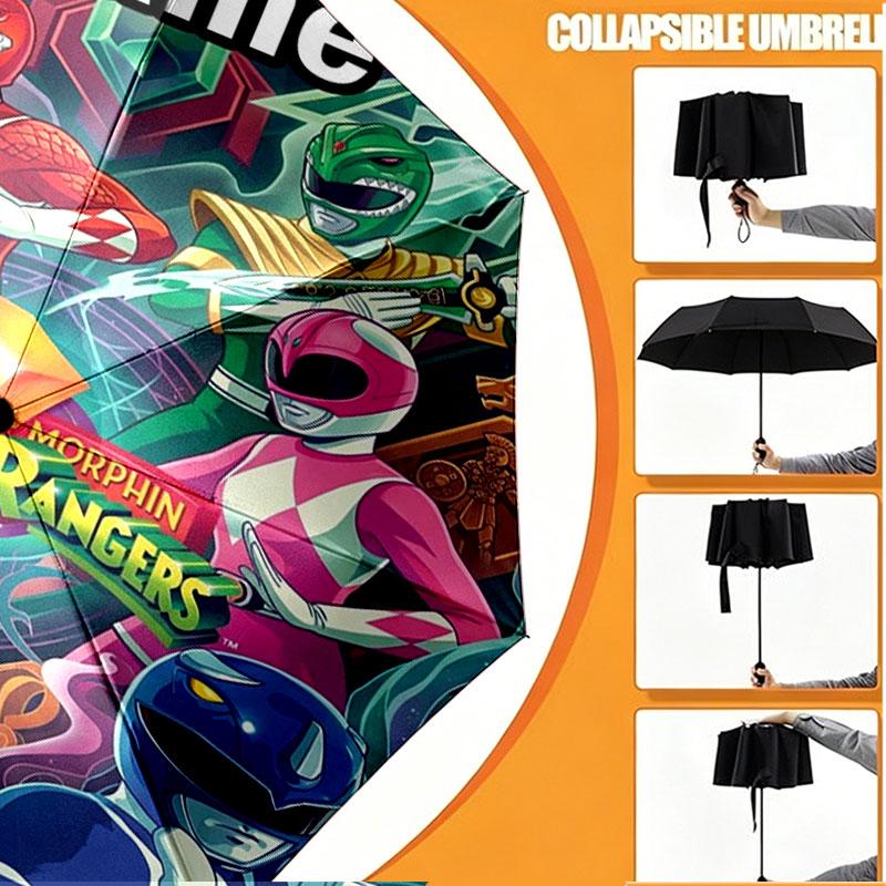 Custom Name Personalized Power Rangers Print Umbrella, Auto Open Close, 8‑Rib Sturdy Frame, Commute Camping Hiking Use, Birthday Gift