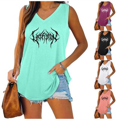 Top senza maniche con colletto a V moda donna Top estivo casual con scollo all'americana T-shirt stampata Laides Pullover Canotta ampia