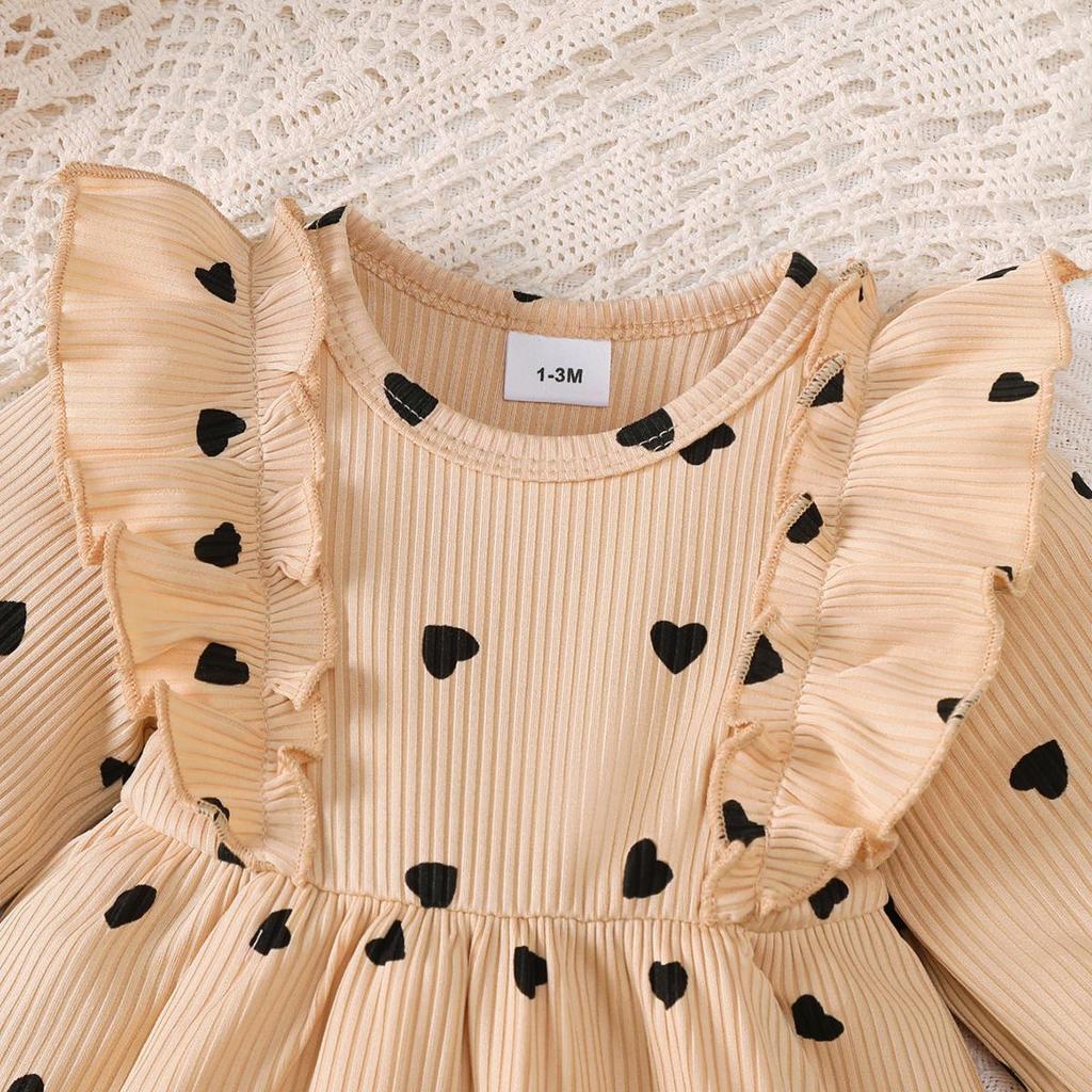 0-18 Months Baby Girl Clothes Sweet 2Pcs Dress Set Ruffle Heart Print Dress with Matching Headband Infant Autumn Casual Outfit