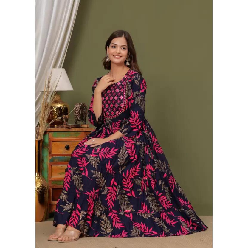 Women Embroidered Rayon Anarkali Kurta Designer Party Wear Top Tunic Kurti Gown SC-21001d