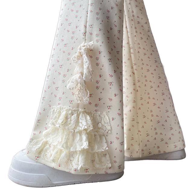 Lace Bow Floral High-Waisted Wide-Leg Summer 2026 Women's Casual Pants