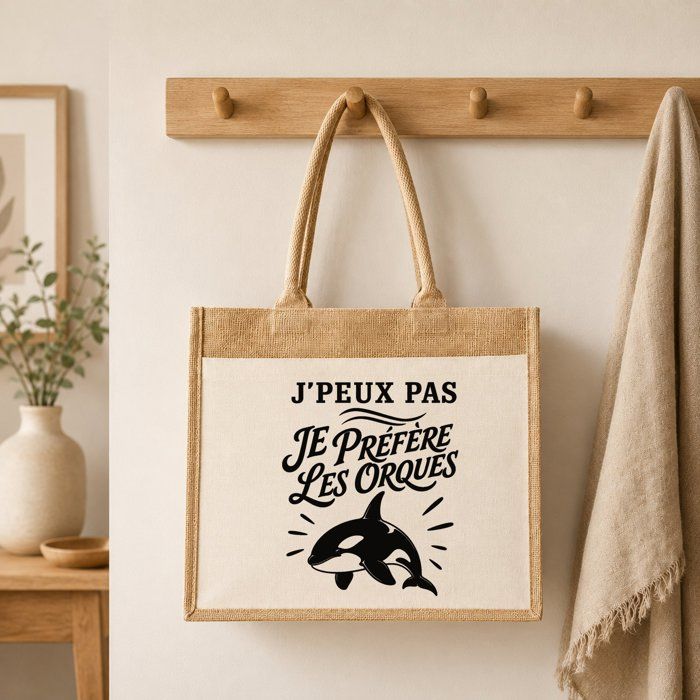 Sac Cabas Jute avec Poche J’peux pas je préfère les Orques J'peux pas minimaliste | Toile de Jute et Coton 21 L Fond Plat Anses 65