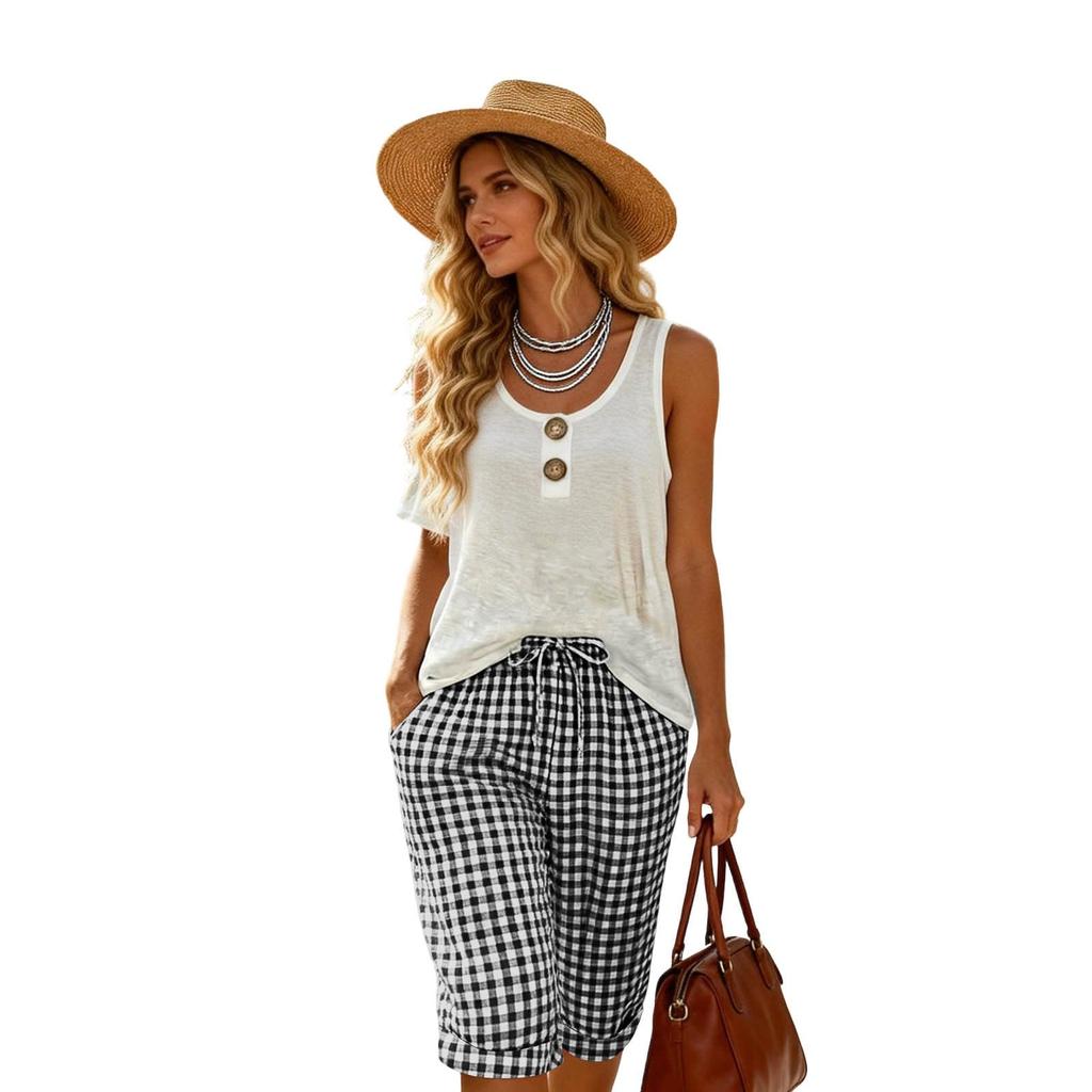Pantaloncini casual da donna a quadri al ginocchio con coulisse in vita, vestibilità ampia, con tasche, per l'uso quotidiano