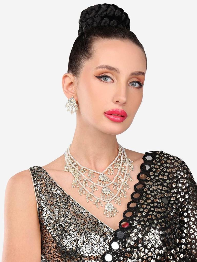 Ethnic Kundan & Pearl Multi Tier Bridal Necklace Set for Women
