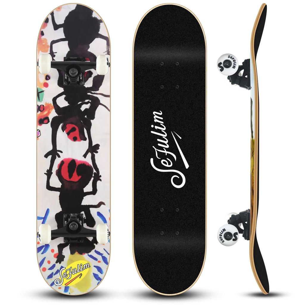 Sefulim 31 X 8 Inch Complete Skateboard 7 Floor Canadian Maple Double Footed Deck Concave Cruiser Boyish Junior Skateboard Beginner (inkwash Painting)