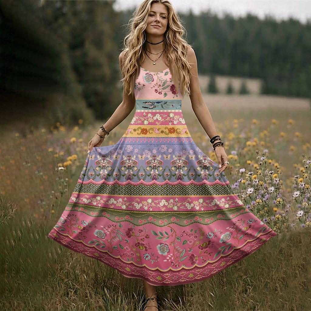 Women’s V Neck Sleeveless Maxi Dress with Adjustable Spaghetti Straps and Floral Print for Summer Beach Wear