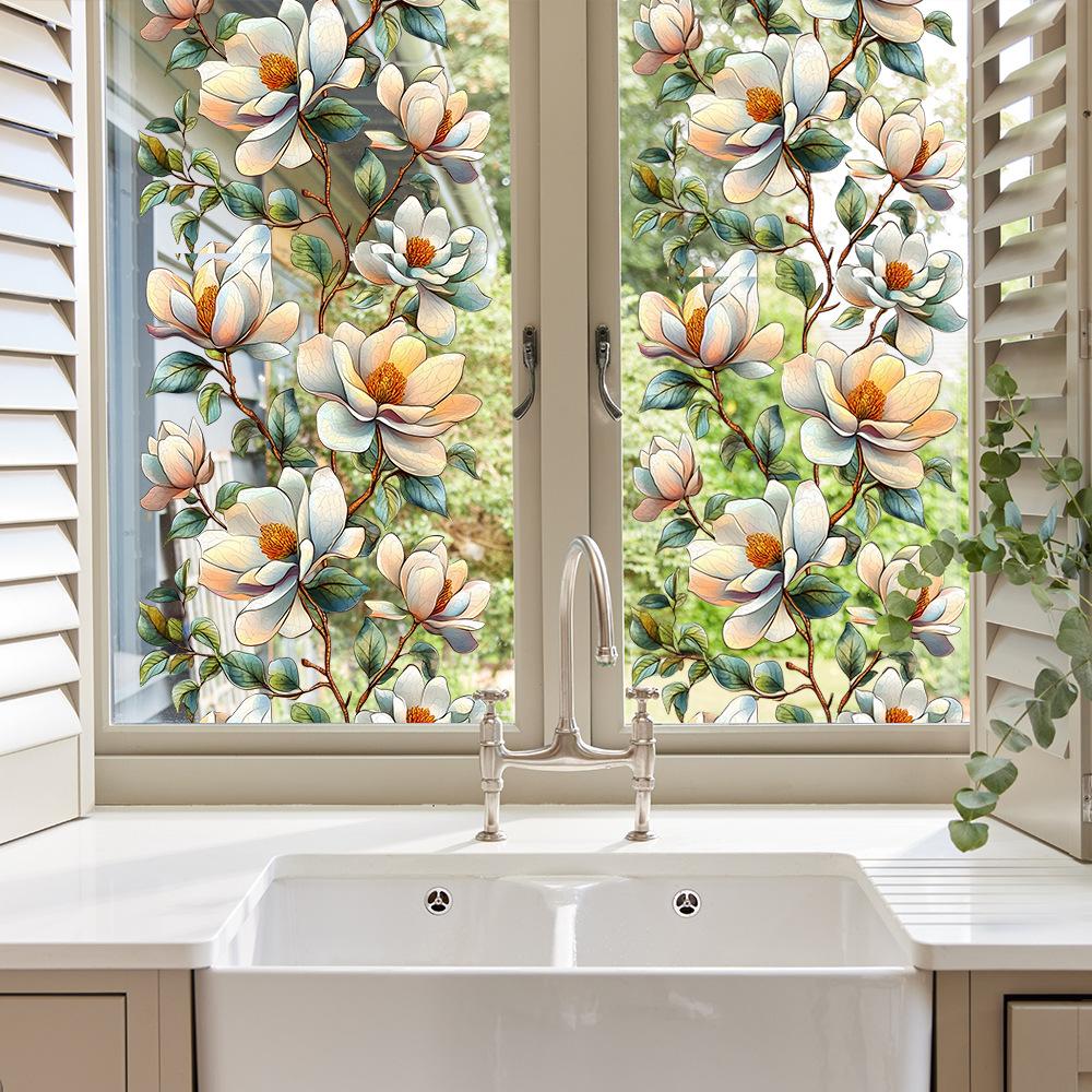 Akvarelové Květiny Listy Balkon Skleněné Okno Zkrášlení a Dekorace Samolepky na Okno na Statickou Elektřinu