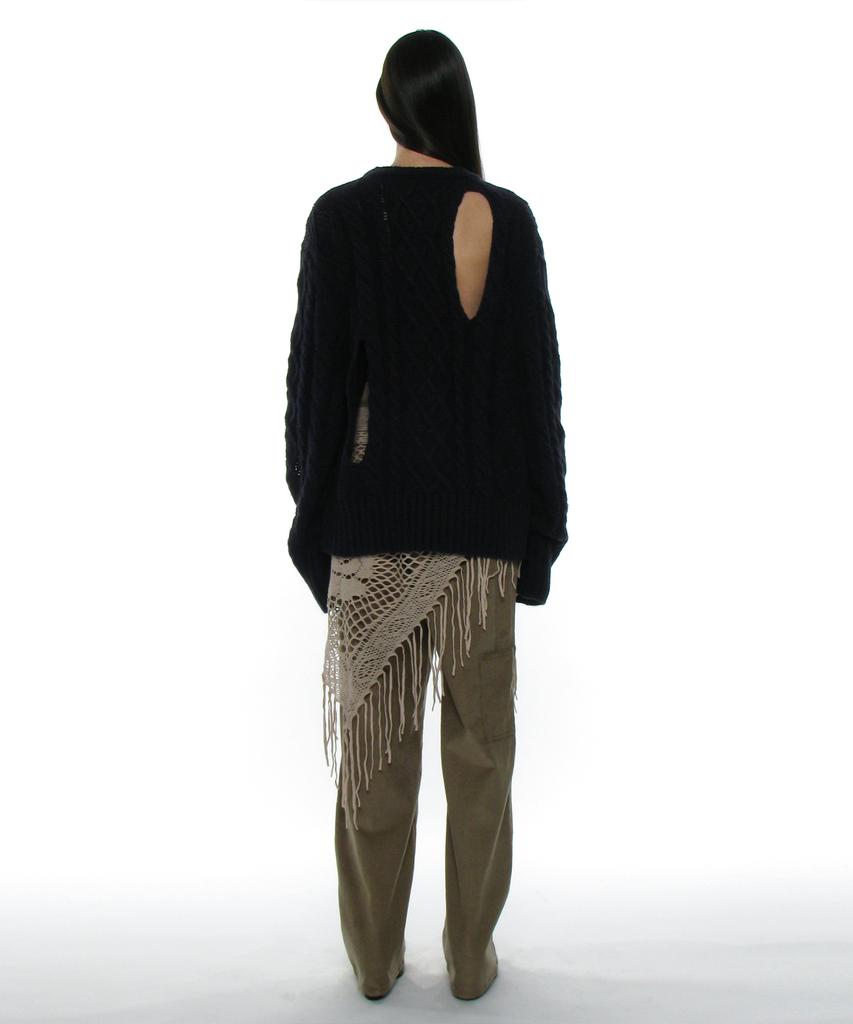 PARTIMENTO WOMEN Heavy Cutout Cable Knit Crew Neck_Navy