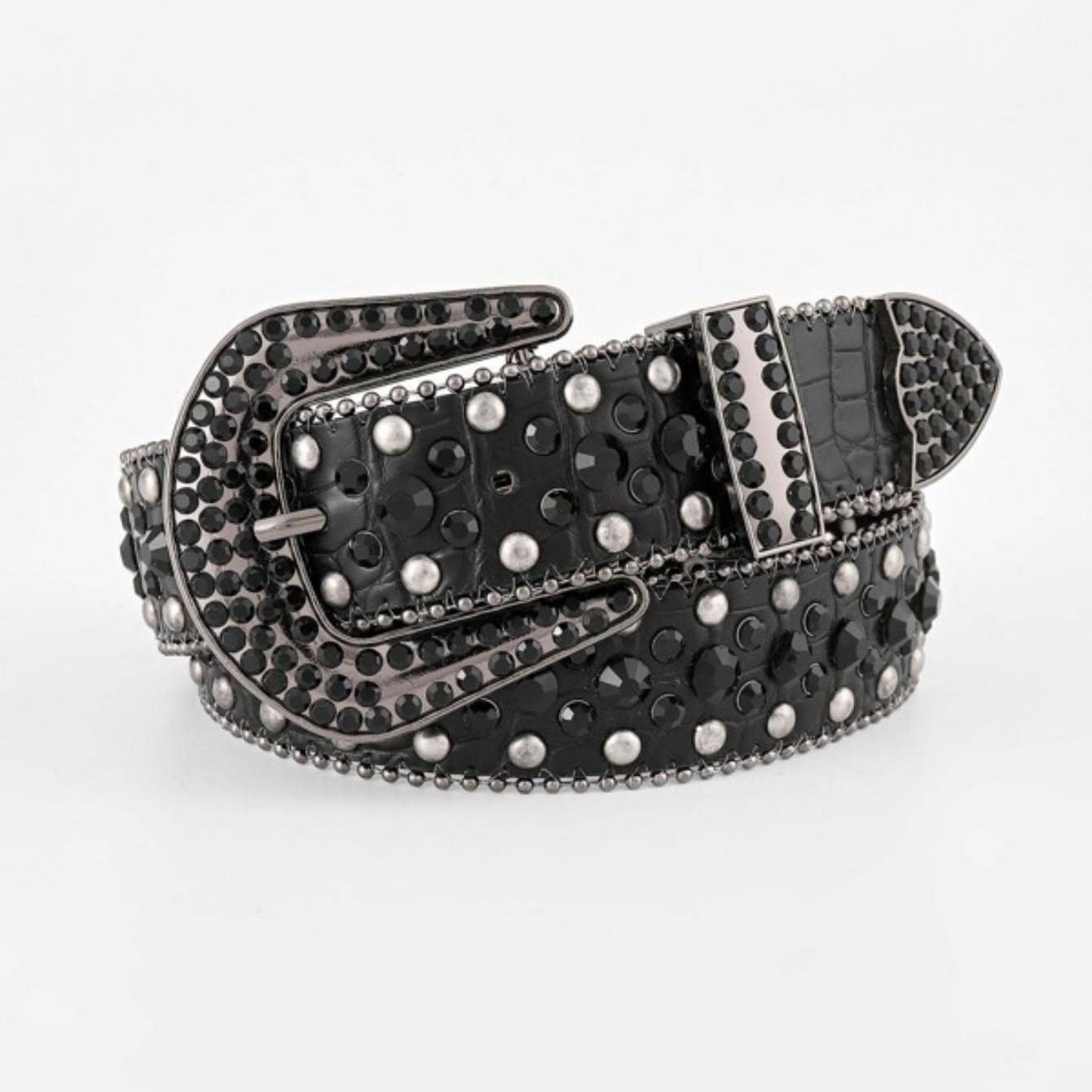 

Панк-стиль ремень с узором личи и пряжкой-булавкой, инкрустированной стразами, для женщин 102 cm чёрный