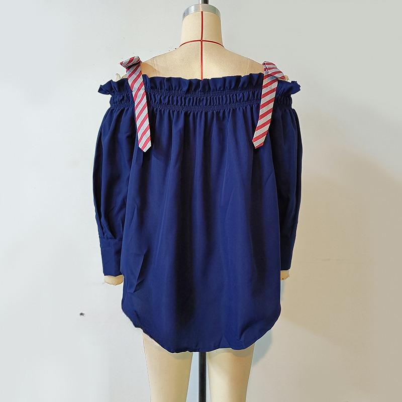 One-line Shoulder Striped Bow Shirt Women's Spring Loose Ruffled Top