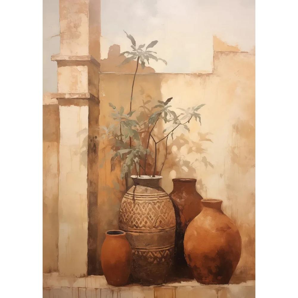 Vintage Vasen und Pflanzen Marokkanischer Innenhof Mediterranes Dorf Poster Leinwandbild Druck Wandkunst Bild Zimmer Heimdekoration