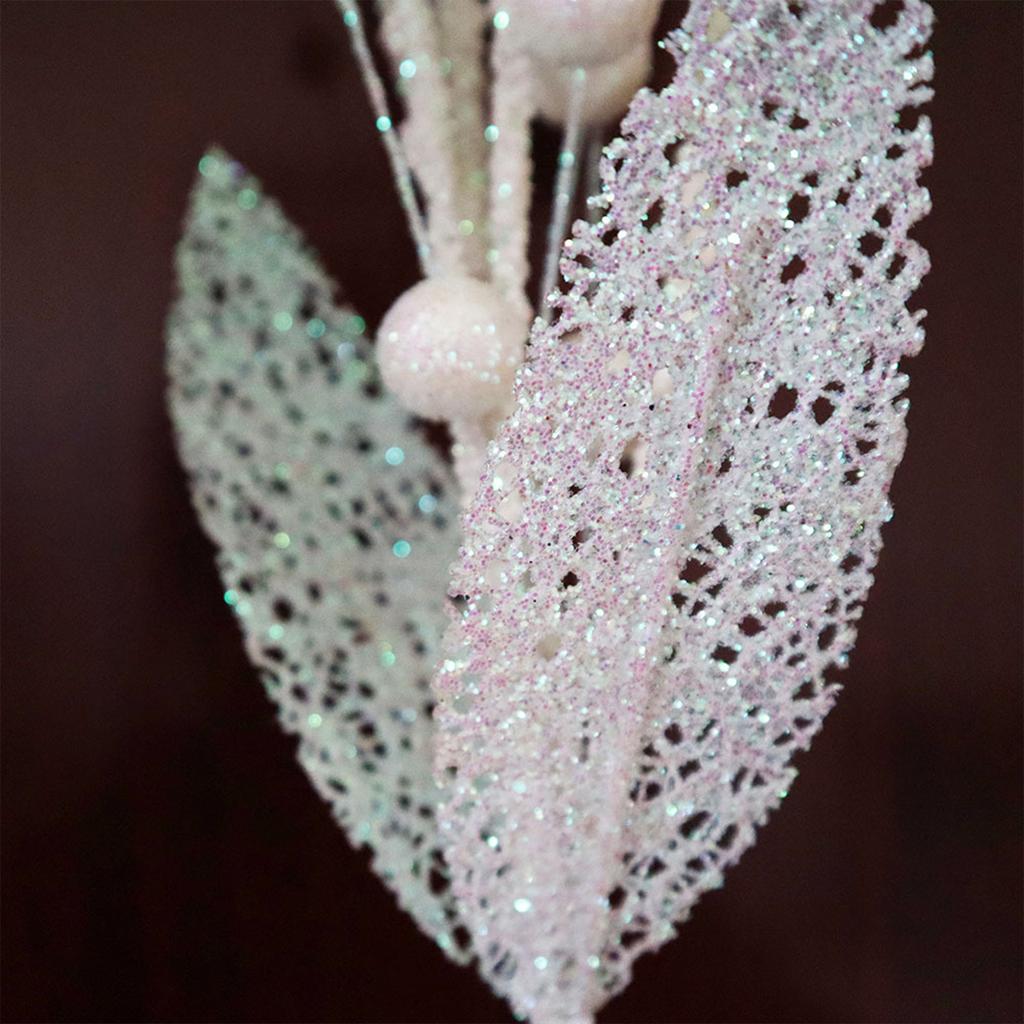 60cm 6 Prong Artificial Glitter Berry Stem with 2 Leaves Xmas Glitter Pick for Home Decor Table Centerpieces