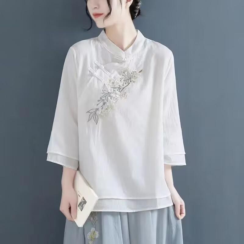 Camicia Ricamata Stile Cinese Donna Cotone Lino Collo Alto Manica a Tre Quarti Abbigliamento Camicie Casual Vintage Top Hanfu
