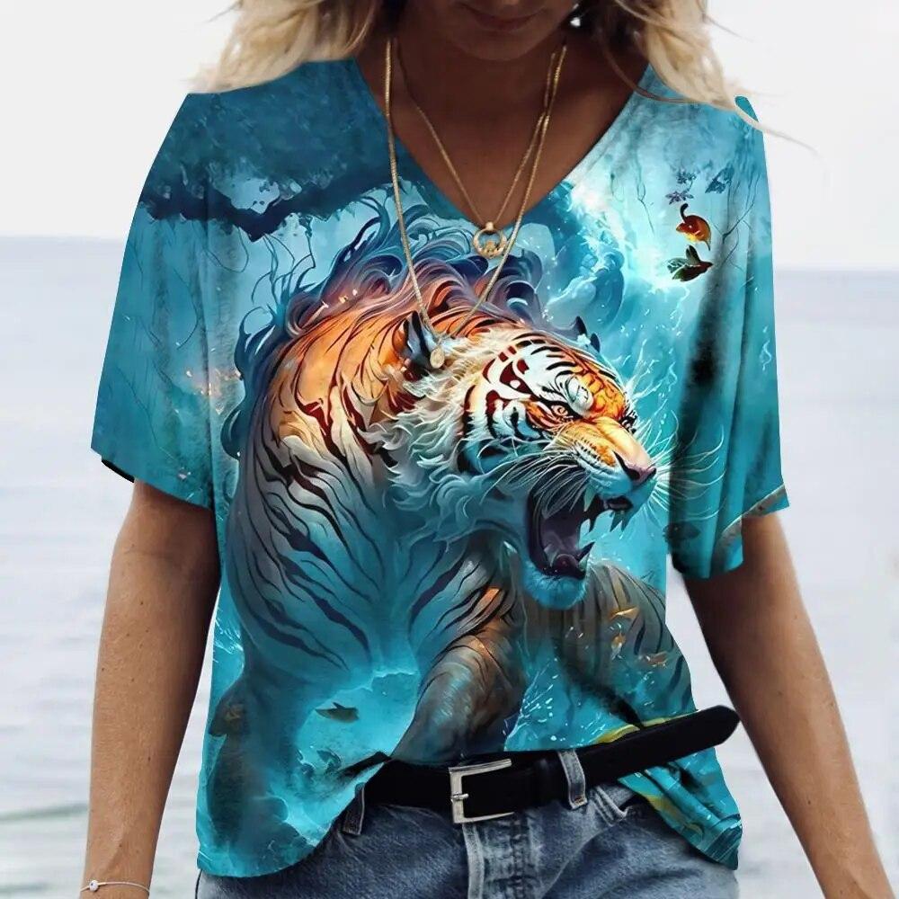 Summer V-neck 3D Animal Pattern Printed Top Fashionable Casual Short Sleeved Women's T-shirts