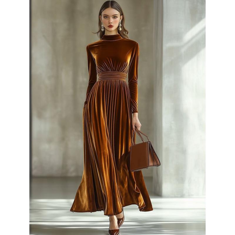 2025 Women's Elegant Gold Velvet Long Sleeve Waist-Gathering Big Swing Dress for Autumn/Winter
