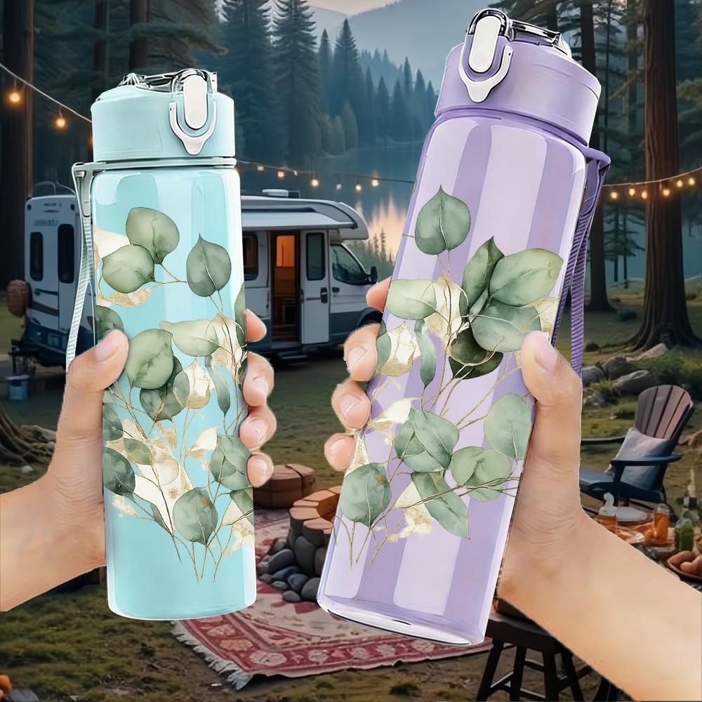 1PC Eucalyptus Leaf Botanical Print 750ml Color Plastic Sports Water Bottle Leakproof Flip Straw Lid Suitable for Sports Office Home Use
