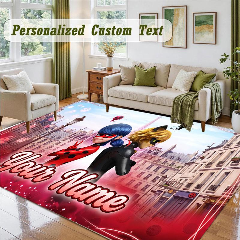 Crystal Velvet Square Rug Custom NameMiraculous Ladybug Pattern Non Slip Home Floor Decor Rug