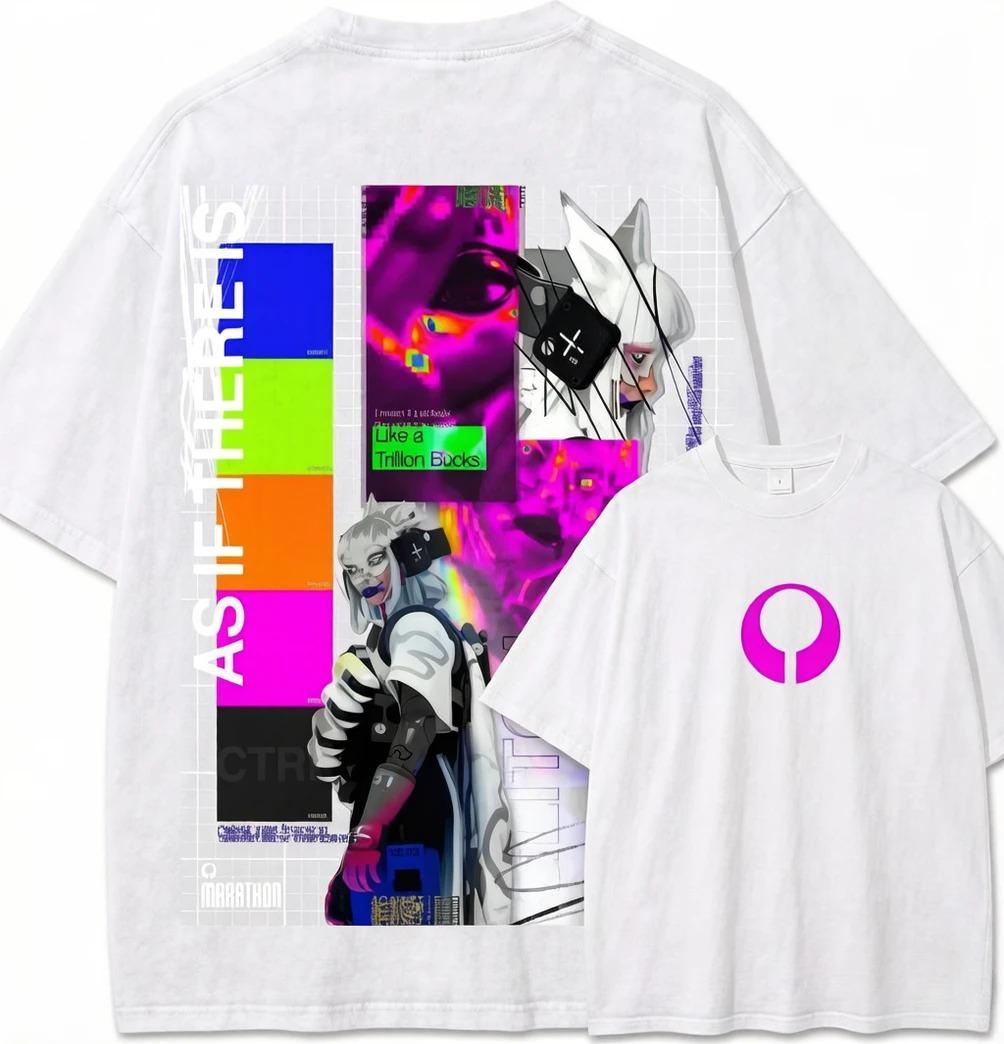 Cyberpunk Neko Anime Girl Glitch Collage Double-Sided Oversized Tech Streetwear Unisex White T-Shirt 4XL