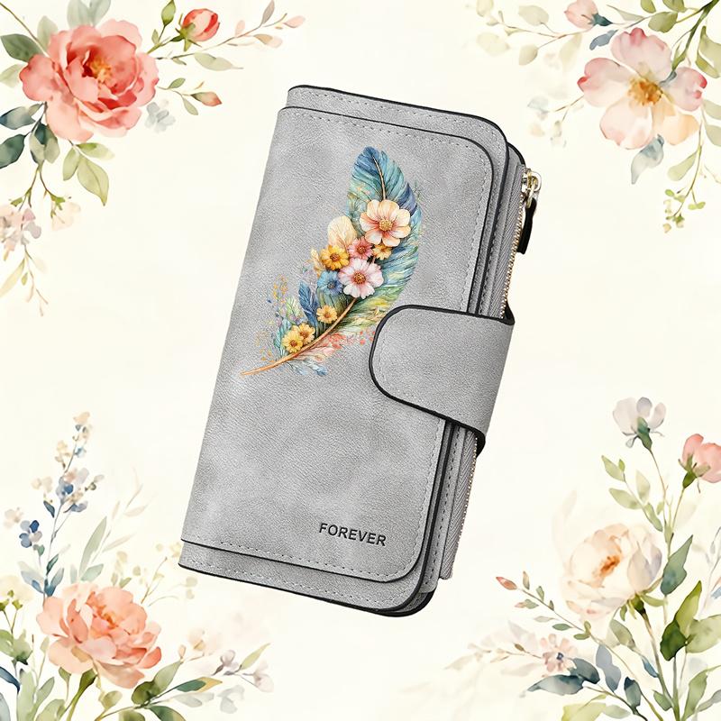 Feather and floral pattern women's long wallet| Multifunctional portable snap-button coin purse, birthday gift, suitable for daily commuting, with a