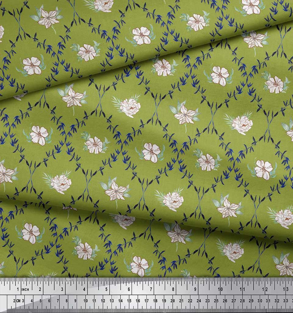 Soimoi Green Poly Crepe Fabric Azalea & Peony Damask Print Fabric by metre 42 Inch