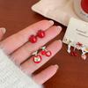 Christmas Red Apple & Cherry Stud Earrings - Women's Silver Needle Autumn/Winter Fruit Jewelry Set