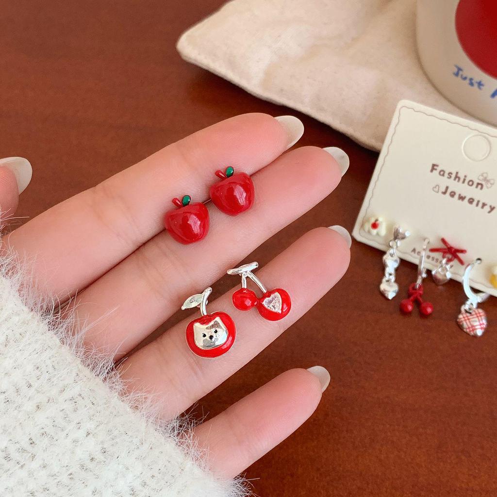 Christmas Red Apple & Cherry Stud Earrings - Women's Silver Needle Autumn/Winter Fruit Jewelry Set