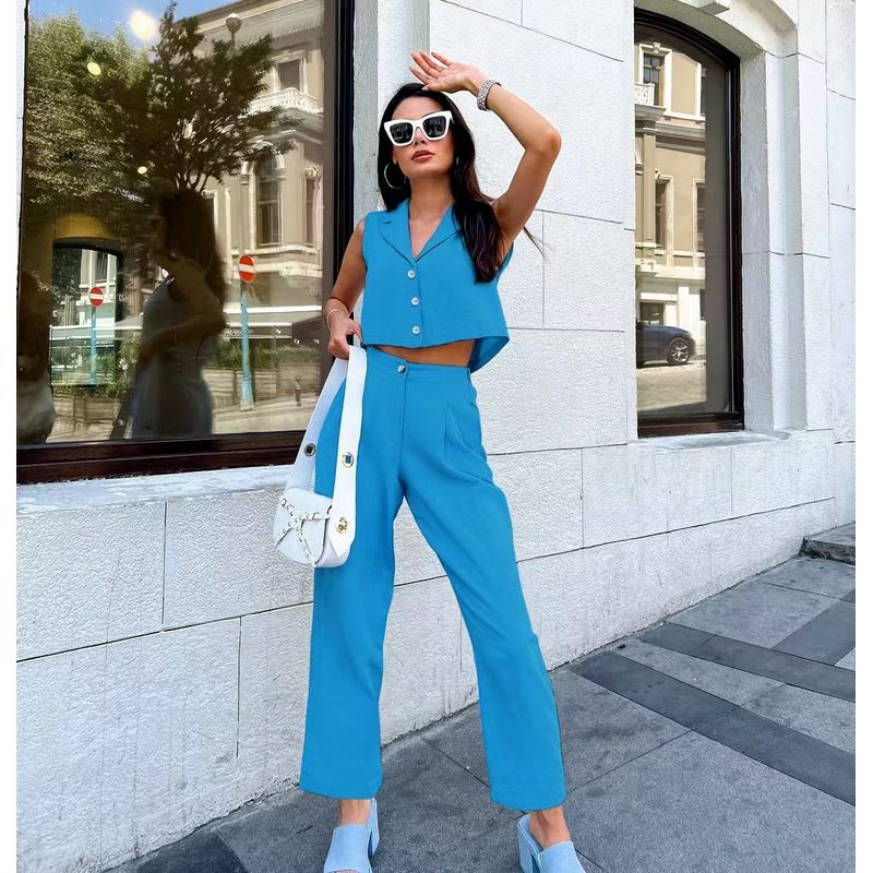 

European and American Fashion Minimalist Pure Color Sexy Sleeveless Vest Pants Suit Sexy Vest and Pants Set Blue S