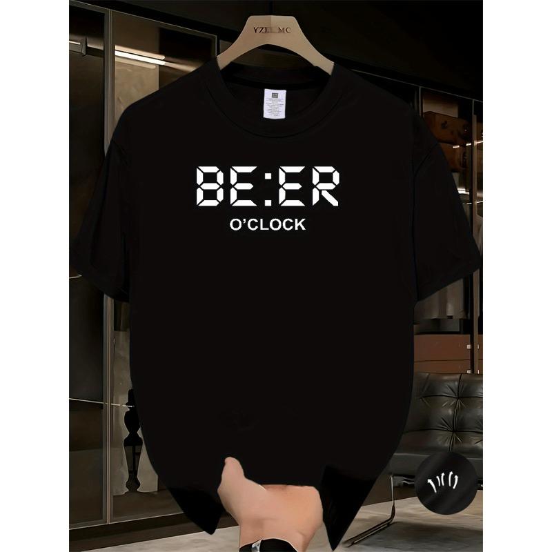 European sizes Men'S Casual Crew Neck T-Shirt, Polyester Knit Fabric, Summer Sports Tee with Beer O'Clock Graphic Print, Comfortable Unisex Tee