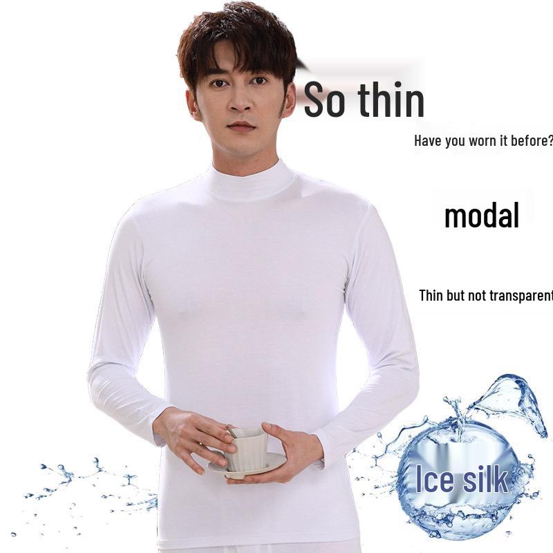 Rongying Men's Black Modal Thin Mid-Collar Top - Spring/Summer Ice Silk Base Layer