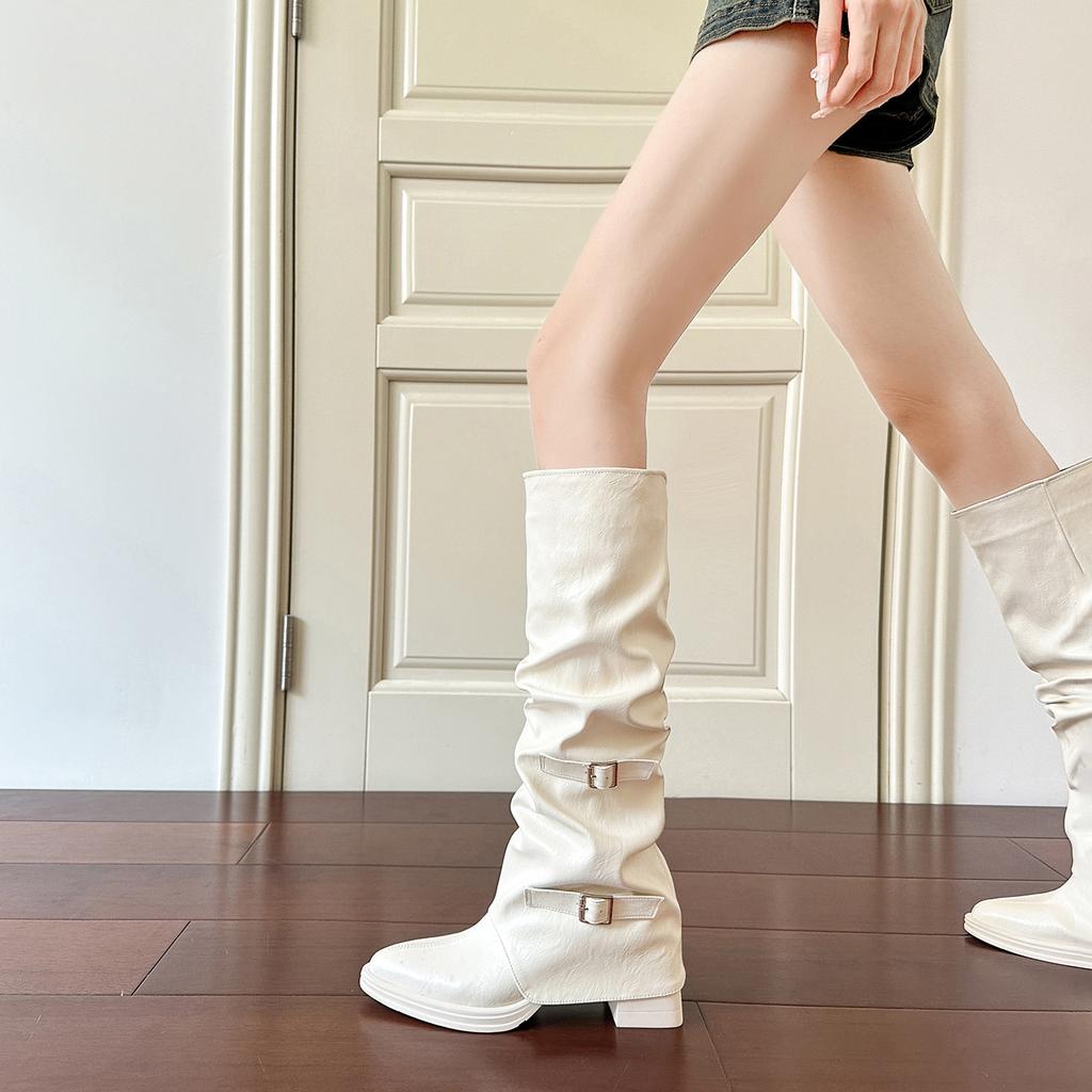 White Pile Boots European and American Spice Girls Belt Buckle Pants Long Boots Women's Tall Knight Boots Pointed High Heel Long Boots