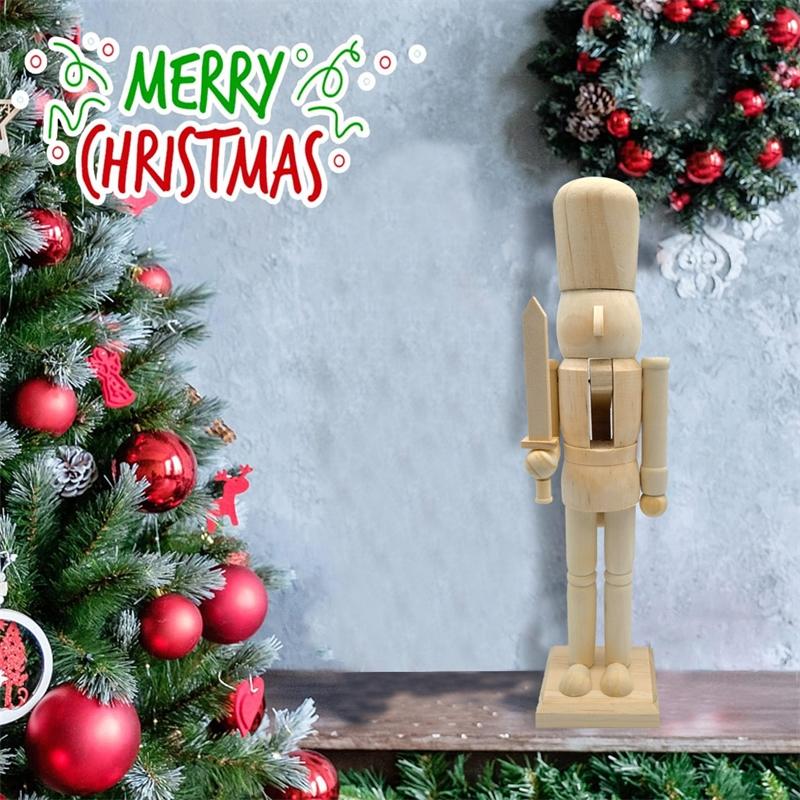 Classic 38cm White Unpainted Nutcracker Soldier Wooden Figure For Christmas Table Centerpiece Home Decor For Adults Holiday Gift