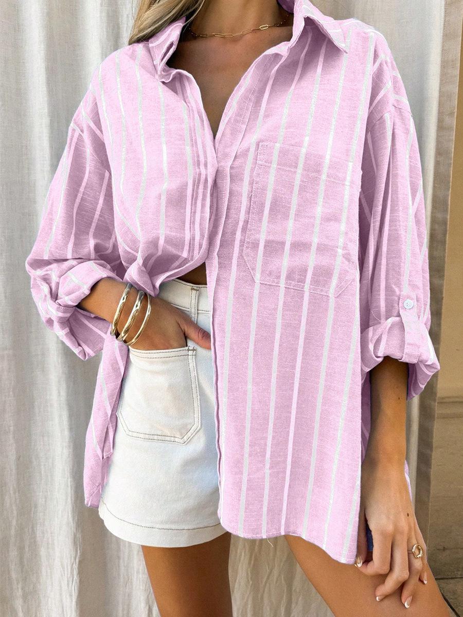 

2025 Spring/Summer Loose Striped Polo Collar Shirt - Europe & America Hot Seller Large рожевий