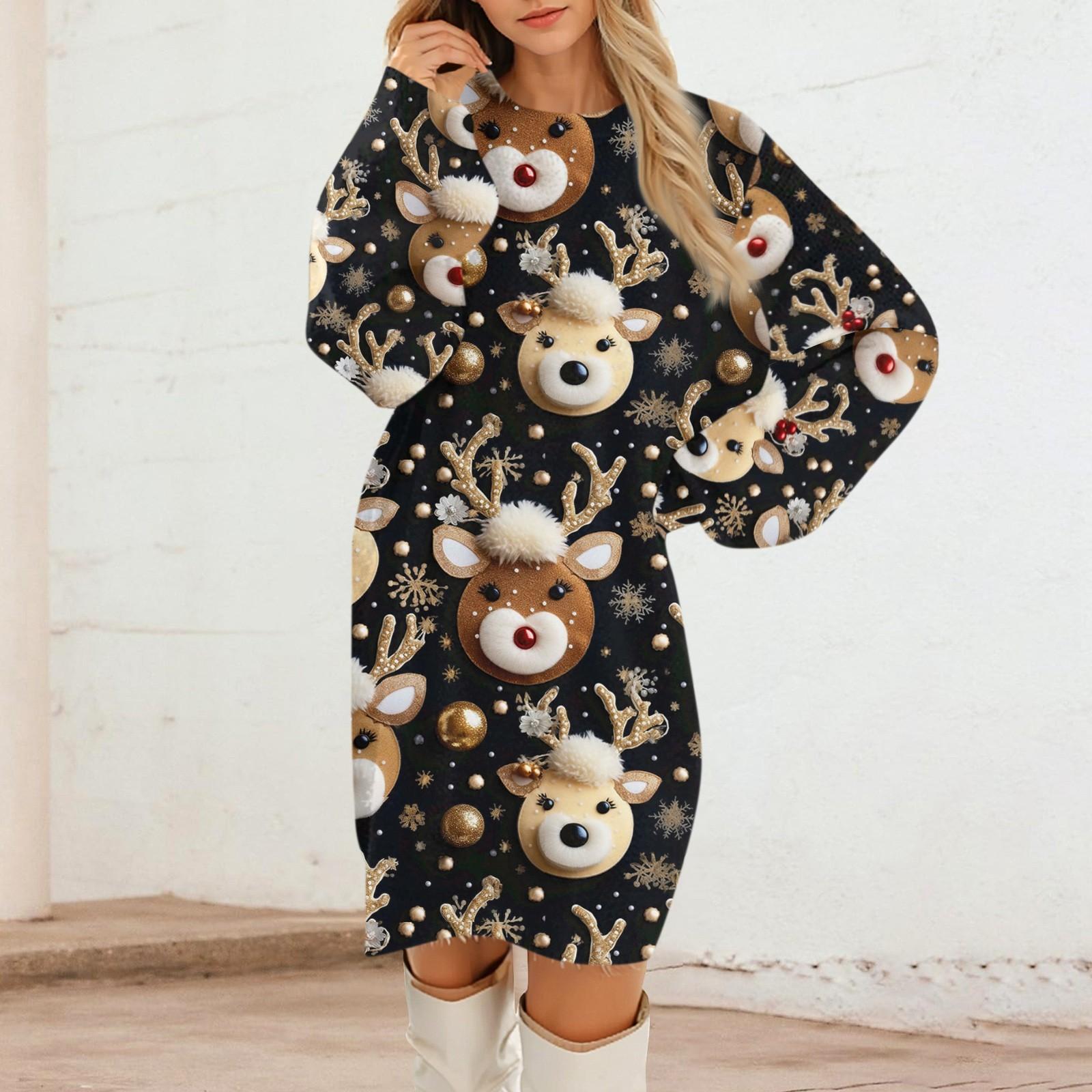 

Женские повседневные платья с круглым вырезом и длинным рукавом из плюша с рождественским принтом XXL