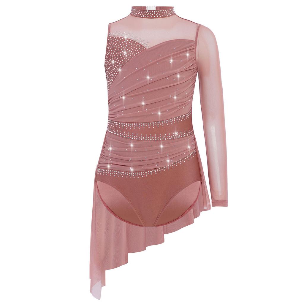 Dziewczęca sukienka do tańca lirycznego Kostium do łyżwiarstwa figurowego Błyszczące cyrkonie Marszczenie Siateczkowa nakładka Asymetryczna spódnica Body