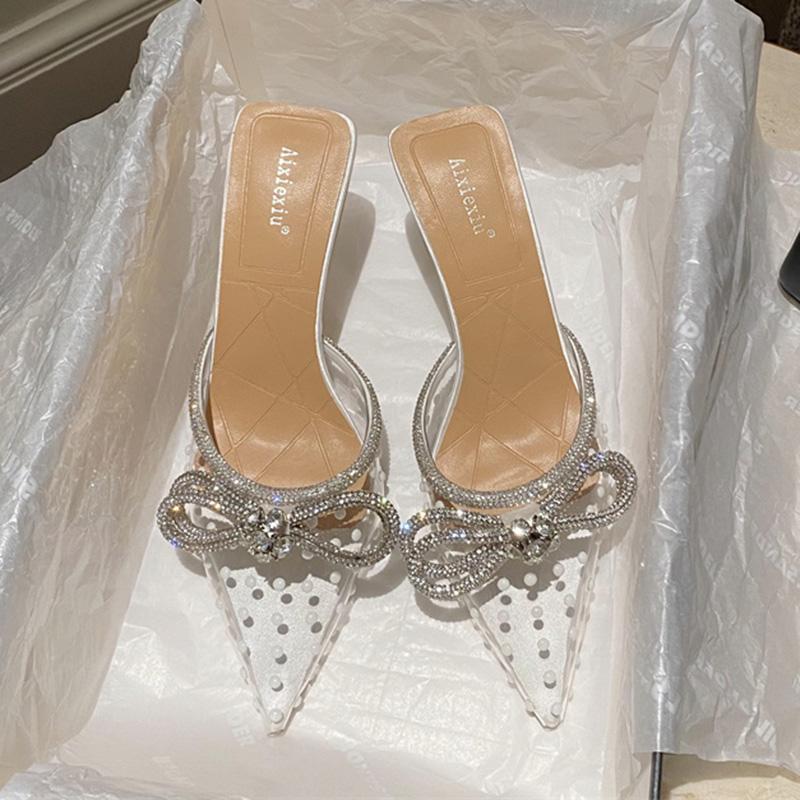 Fashion Women Crystal Bow -Knot Slippers Brand Pointed Toe Slip On Mules White Thin High Heels Outdoo Dress Wedding Shoes