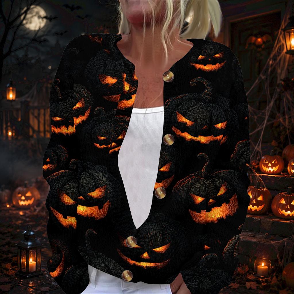 Women's Long Sleeve Knit Cardigan with Halloween Print Button Front for Fall Parties