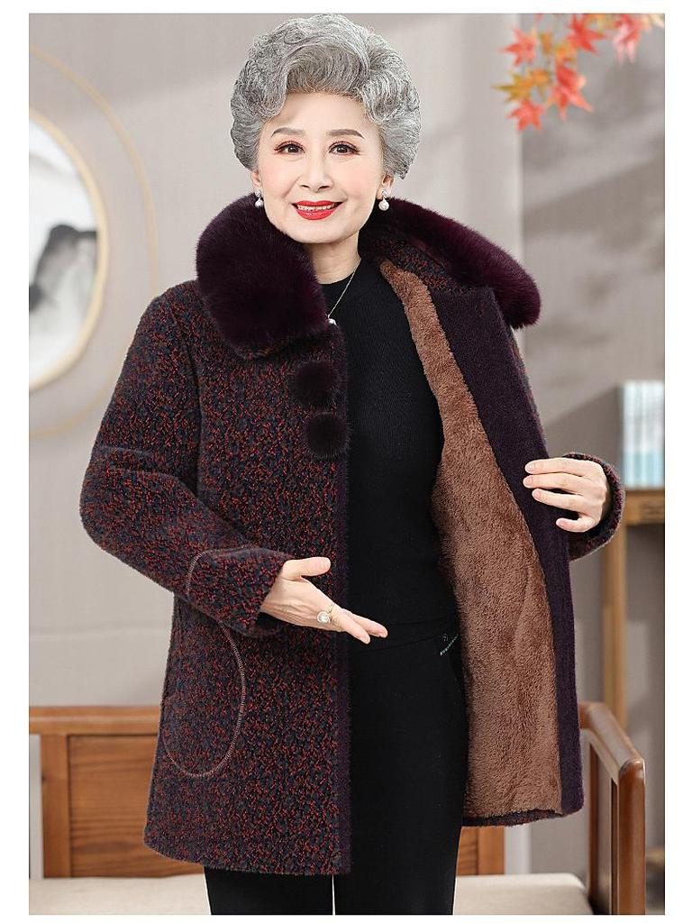 Elderly Women's Mid-Length Winter Coats: Cotton Padded, Fleece-Lined Outerwear