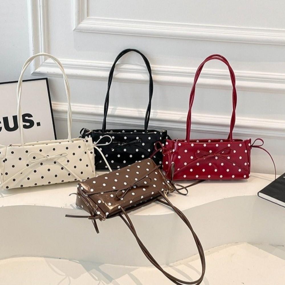 Elegante Borsa a Spalla con Fiocco in PU Finitura Lucida Borsa Rettangolare Sottile Borsa a Spalla a Pois per il Pendolarismo