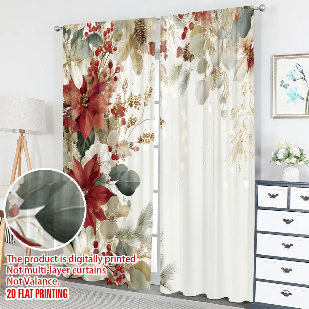 2pcs 2D flat printing Merry Christmas Curtains Christmas Poinsettia Holly Berries Digital Printed Polyester Drapes Festive