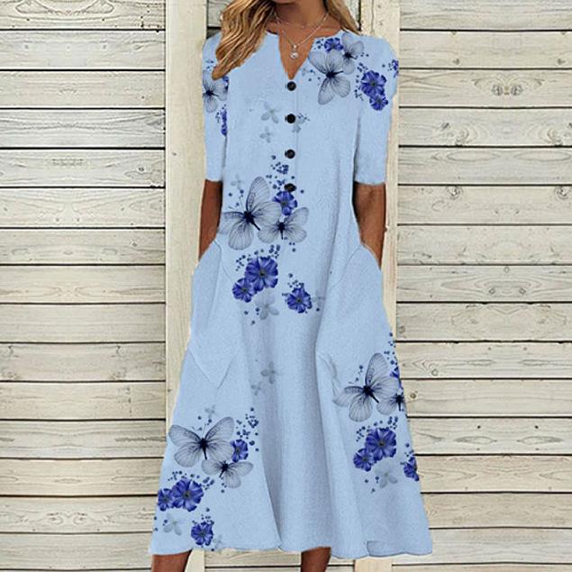 Floral Print V-Neck Mid-Sleeve Casual Dress with Pockets, Button Front, Loose Fit - White/Light Blue/Pink