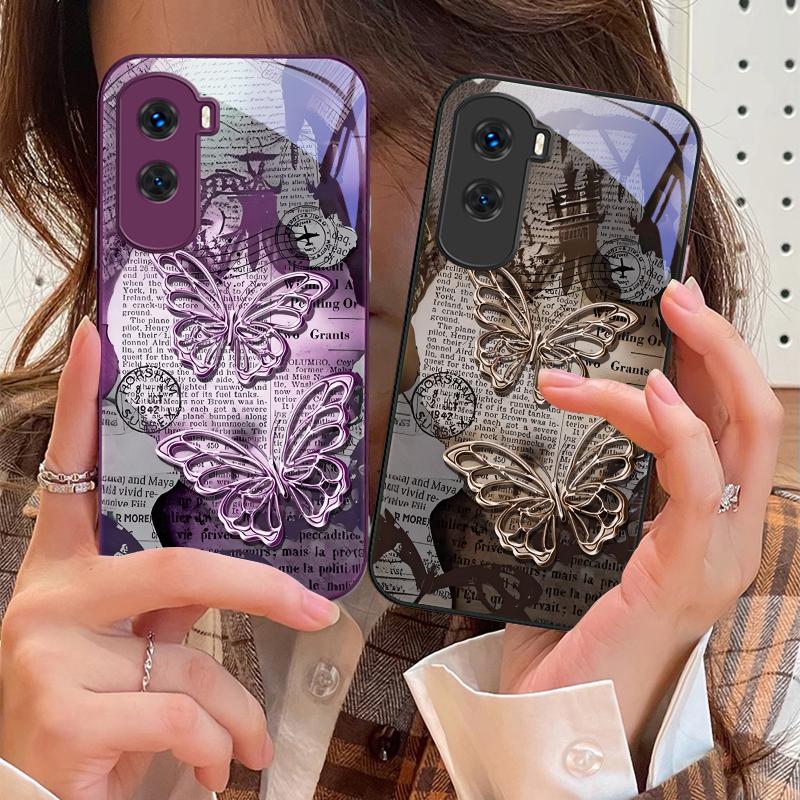 Vintage Schmetterling für Honor 200 90 8X 9X Pro Lite P50 P40 Nova 10 11i P60 Magic4 6 Mate 20 50 Handyhülle aus gehärtetem Glas