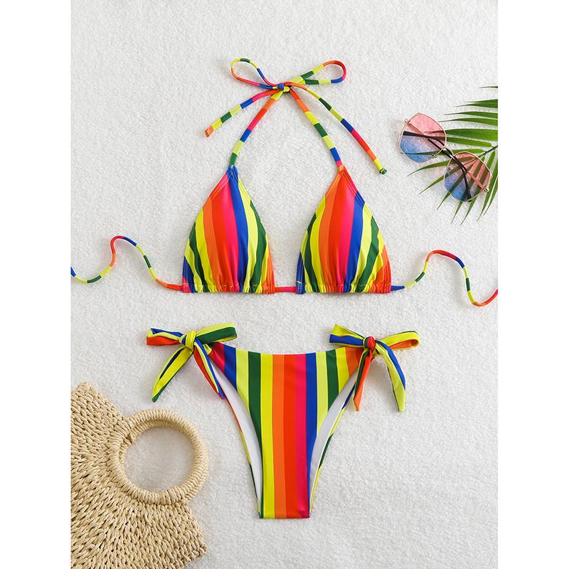 

Жіночий двосторонній бікіні-комплект у смужку веселки, літній новий купальник, двокомпонентний, з зав язками на шиї, мереживний, без рукавів, пляжний одяг L різнокольоровий