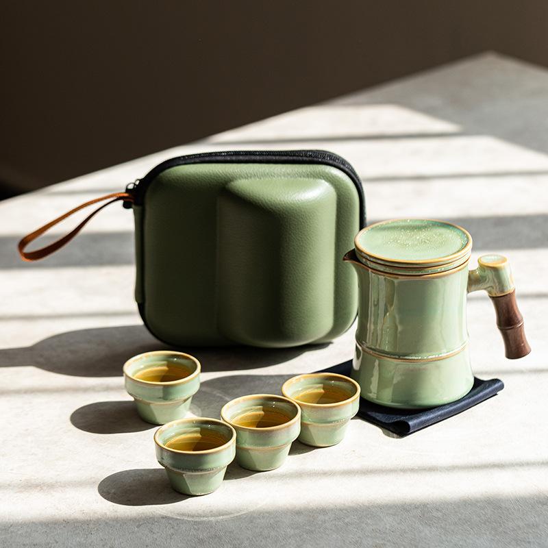 Kiln-changed bamboo joint travel tea set, one pot, four cups, portable outdoor portable tea pot, Kuaike cup, water cup, coffee cup