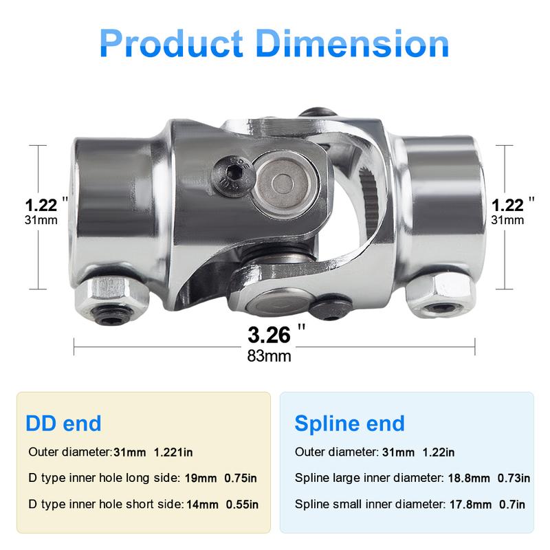 1pc Universal U Joint Single Steering Shaft Working Angle 35°Degree Double Ujoints Shaft 3/4 -30 Spline to 3/4  DD 83mm (3-1/4 )