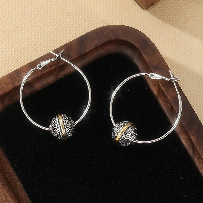 Vintage Ethnic Style Hand-carved Pattern Ball Design Hoop Earrings for Women's Creative  Jewelry Accessories Crafts Gifts