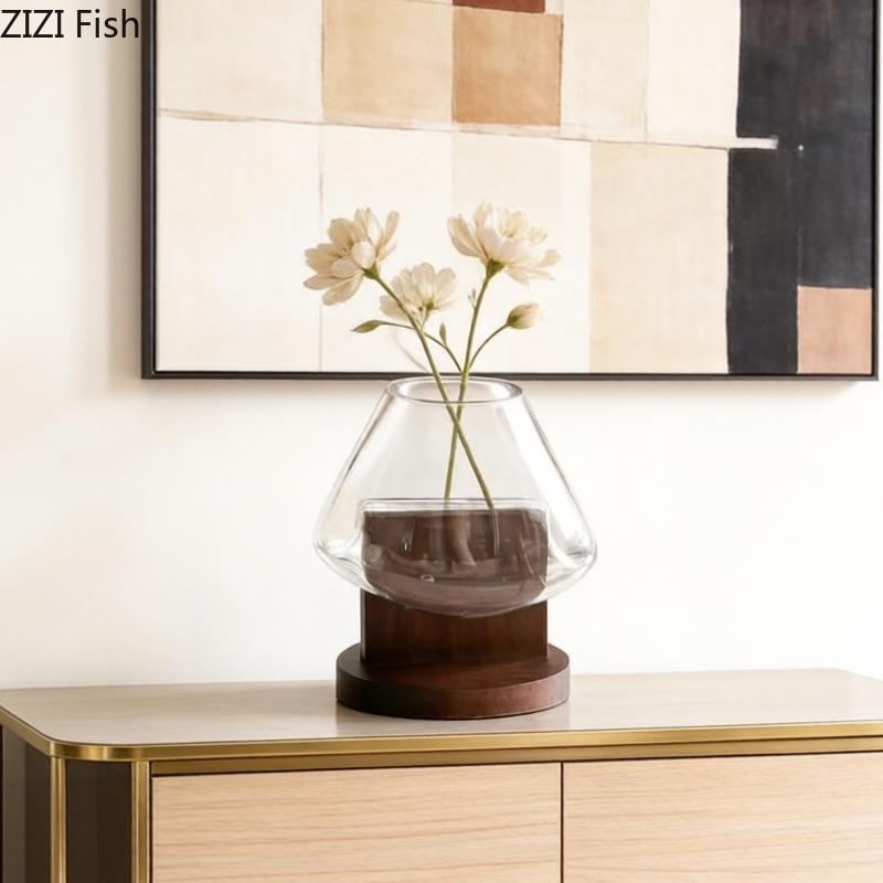 Creative Transparent Glass Vase Solid Wood Base Plant Pots Table Decoration Flower Arrangement Floral Vases Room Aesthetic Decor