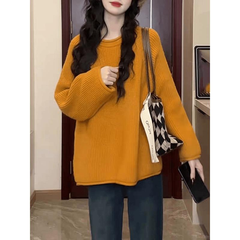 

Lazy wind large size knitted sweater women s orange white top early spring autumn and winter age-reducing fashion bottoming shirt XL під час заходу сонця помаранчевий колір