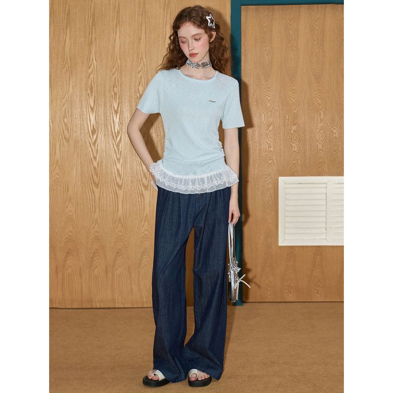 Coolhut Lace Hem Splicing Slim Fit Versatile Knitted Short-Sleeved Lace Design 2025 Summer Women's Knitted Sweater