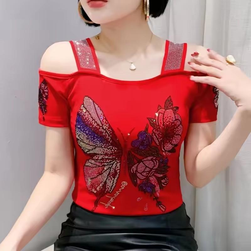 TrendHub Sexy Off Shoulder T Shirt for Women Luxury Flower Diamonds Short Sleeve Tee Summer Fashion Womens Mesh Tee Shirts Top